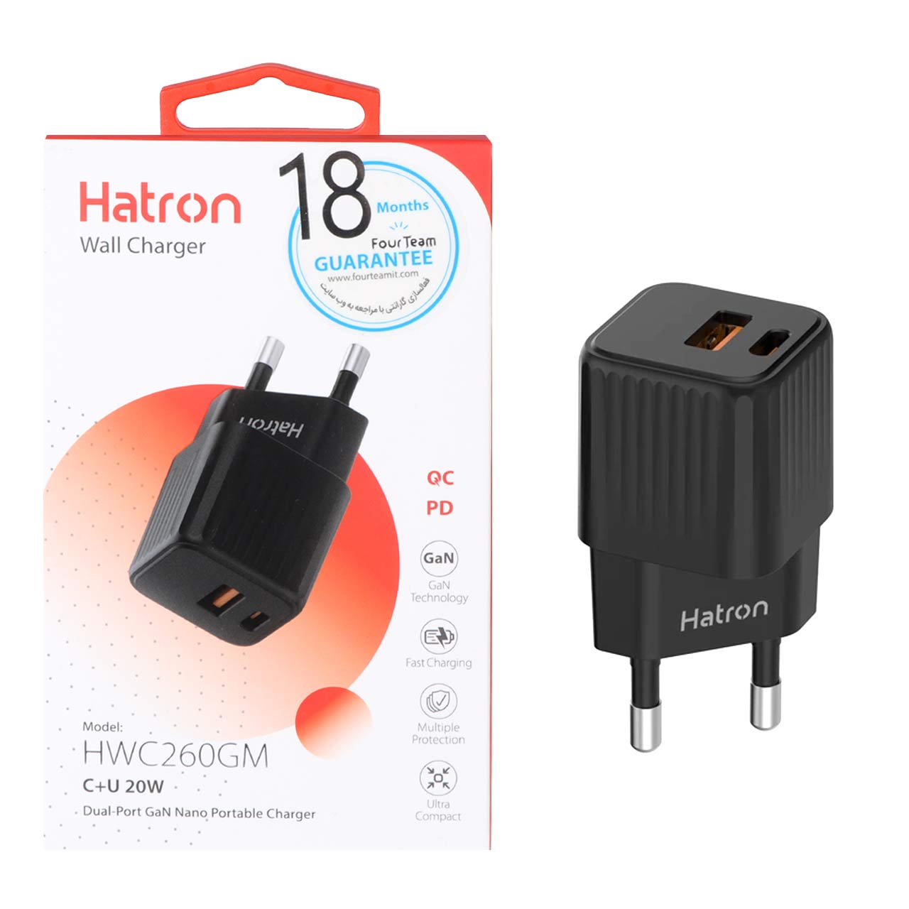 شارژر دیواری فست و PD دو پورت Hatron مدل HWC260GM 20W - مشکی